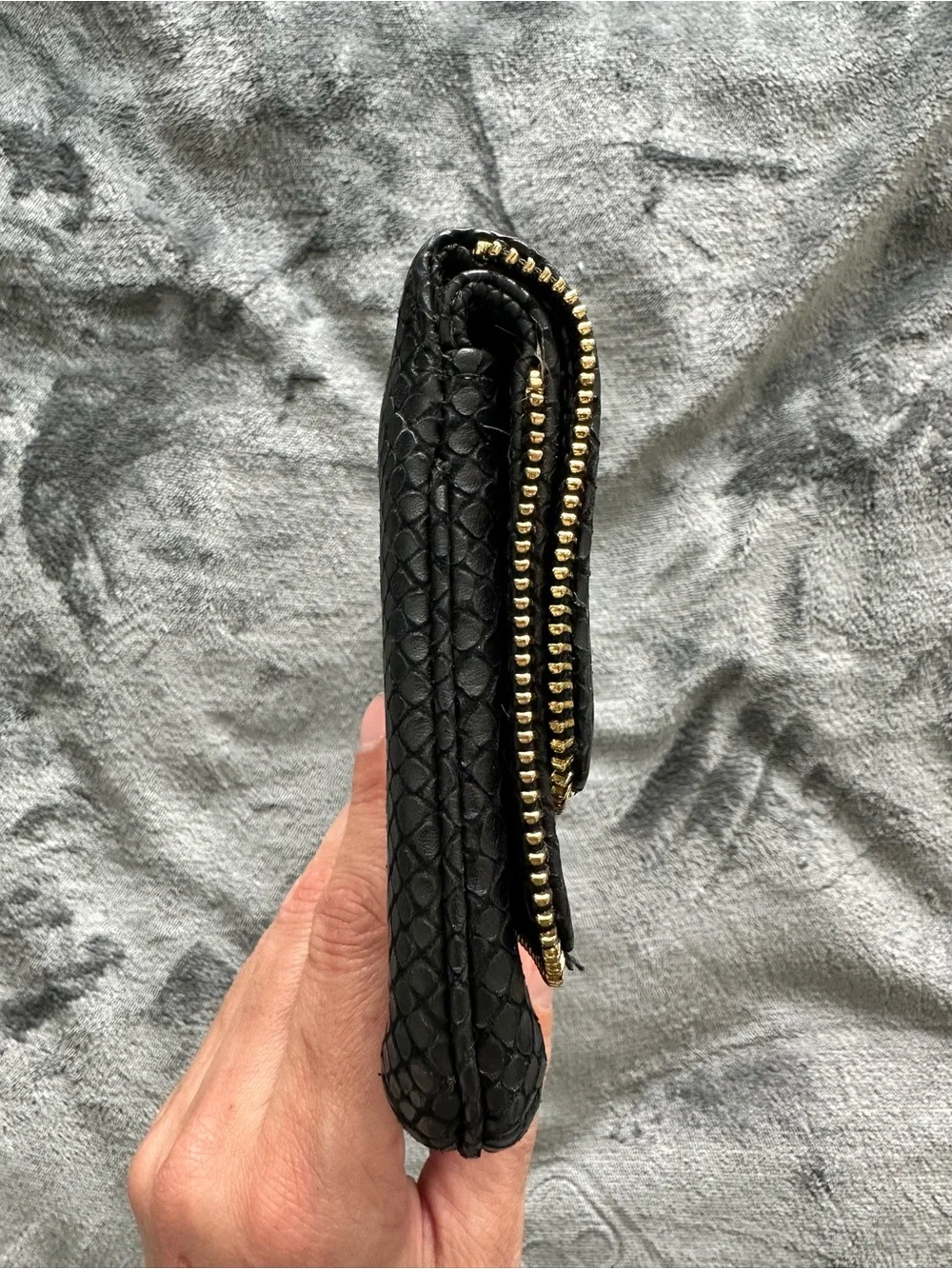 Lauren Merkin Black Snake Embossed Leather Foldover Clutch Gold Zip